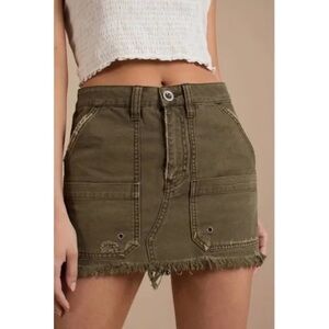 Free People Tahini Green Denim Canvas Frayed Hem Mini Skirt waist 26